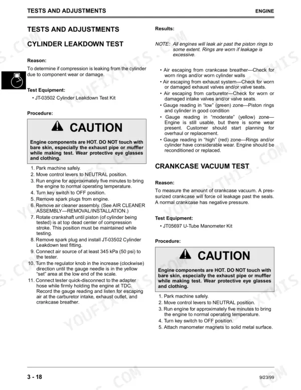 John Deere M653, M655, M665 engine cylinder leakdown and crankcase vacuum test procedures and diagnostic results.