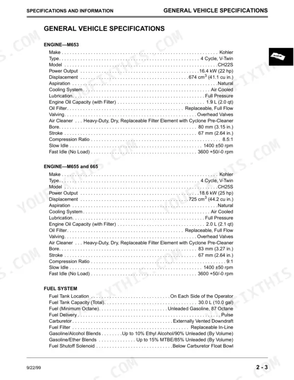 John Deere M653, M655, M665 general vehicle specifications table for Kohler engine details and fuel system components.