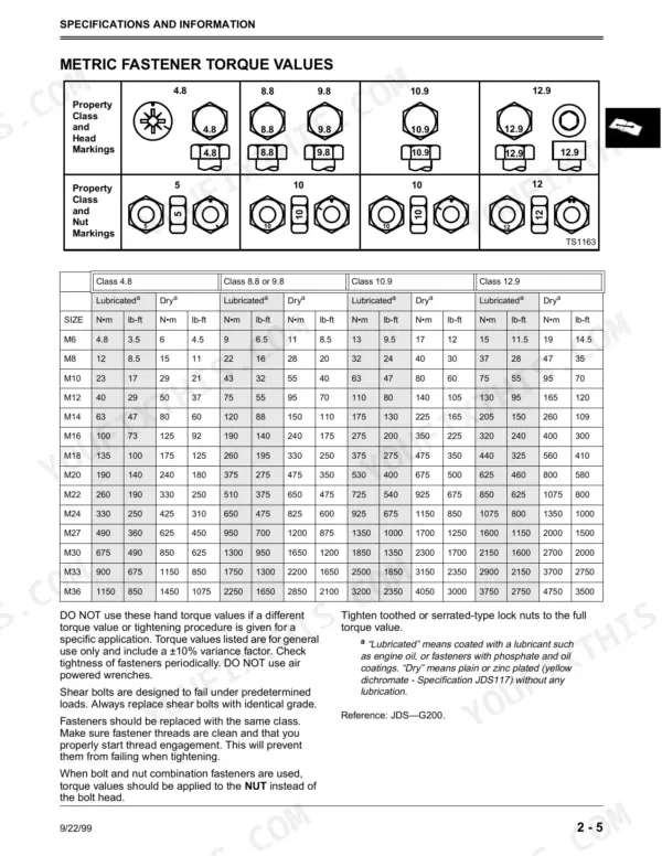 John Deere M653, M655, M665 metric fastener torque values table and bolt head marking identification guide.