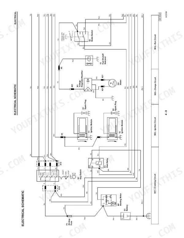John Deere M653, M655, M665 electrical schematic showing ignition, charging, cranking, and run circuits.