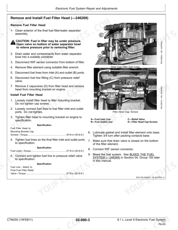 John Deere PowerTech™ 8.1L fuel filter head removal and installation procedure with torque specifications.