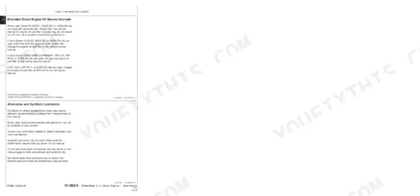 John Deere POWERTECH 8.1 L Diesel Engines (6081) manual page for engine oil service intervals and synthetic lubricants.