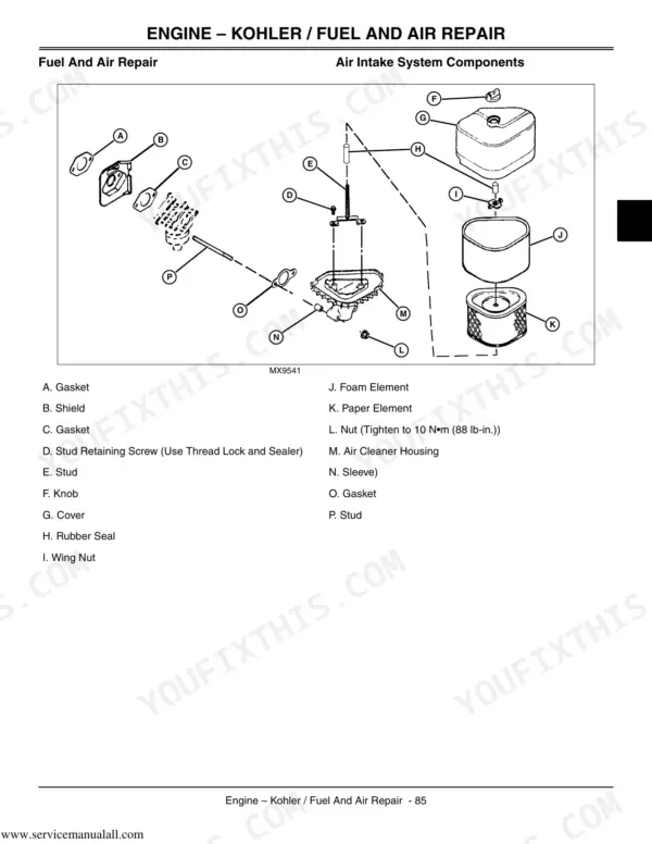John Deere SST15, SST16, SST18 exploded view of Kohler engine air intake system components and fuel repair parts.