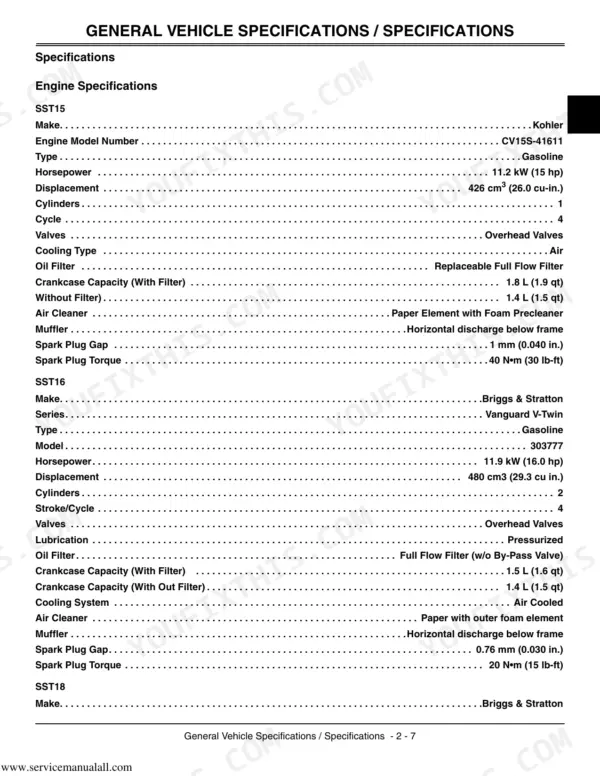 John Deere SST15, SST16, SST18 engine specifications table including Kohler and Briggs & Stratton engine details.