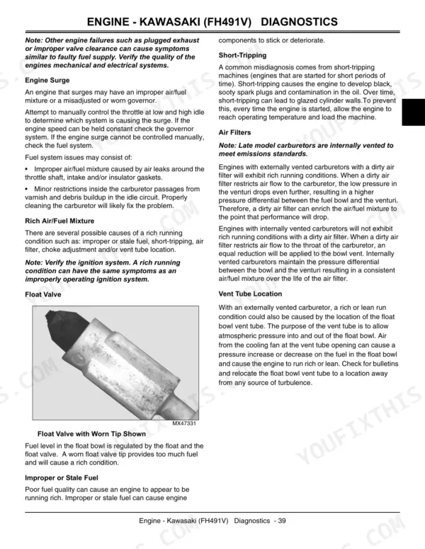 John Deere X300, X304, X320, X324, X340, X360 Kawasaki FH491V engine diagnostics, float valve wear, and air/fuel mixture guide.