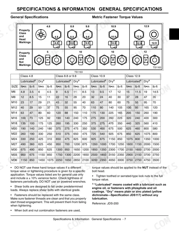 John Deere X300, X304, X320, X324, X340, X360 metric fastener torque values table and bolt head marking identification guide.