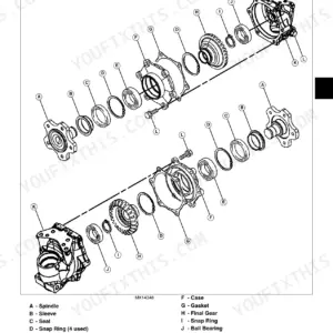 John Deere X495, X595, X595 4WD DIESEL exploded view diagram of the MFWD final drive powertrain components.