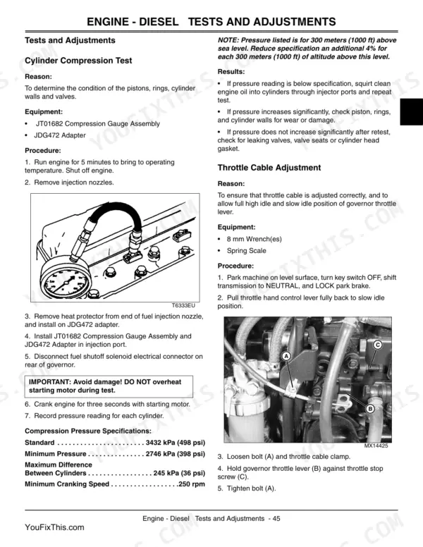 John Deere X495, X595, X595 4WD DIESEL engine diesel cylinder compression test and throttle cable adjustment procedures.