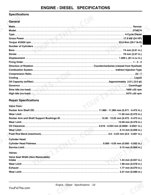 John Deere X495, X595, X595 4WD DIESEL engine general specifications and repair tolerances table for Yanmar 3TNE74 engine.