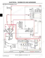 john-deere-x495-x595-lawn-and-garden-tractors-technical-manual-tm2024-wiring-124.webp John Deere X495, X595, X595 4WD DIESEL main electrical schematic showing starting system, glow plugs, and fuel solenoid.