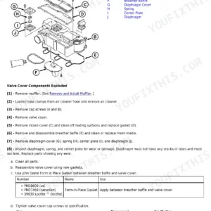 John Deere X750, X754, X758 valve cover removal and installation procedure with exploded view diagram and torque specs.