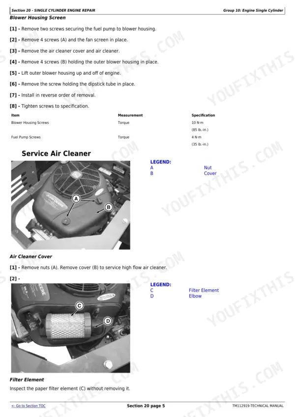 John Deere Z225, Z245, Z235, Z255 blower housing screen removal and air cleaner service procedures with torque specifications.
