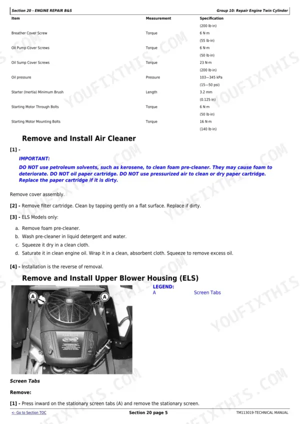 John Deere Z425, Z435, Z445, Z465 EZtrak Mower engine torque specs, air cleaner removal, and blower housing screen removal.