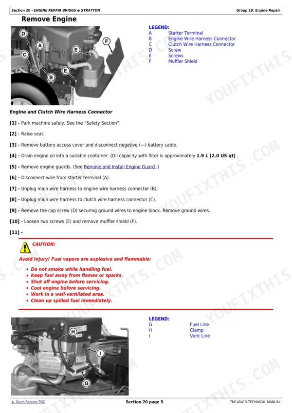 John Deere Z525E, Z535M, Z540M, Z535R, Z540R, Z500 Series, 48A, 54A, 62C, 48HC, 54HC, 60HC engine removal procedure steps.
