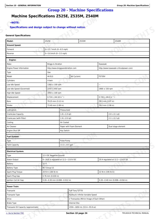 John Deere Z525E, Z535M, Z540M, Z500 Series, 48A, 54A, 62C, 48HC, 54HC, 60HC machine specifications and engine data table.