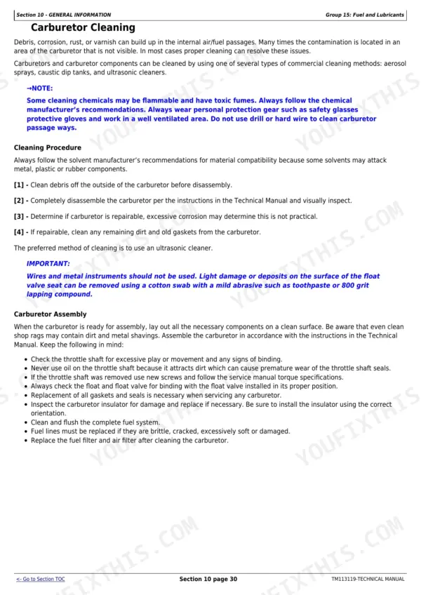 John Deere Z625, Z645, Z655, Z665 service manual page detailing carburetor cleaning and assembly procedures.