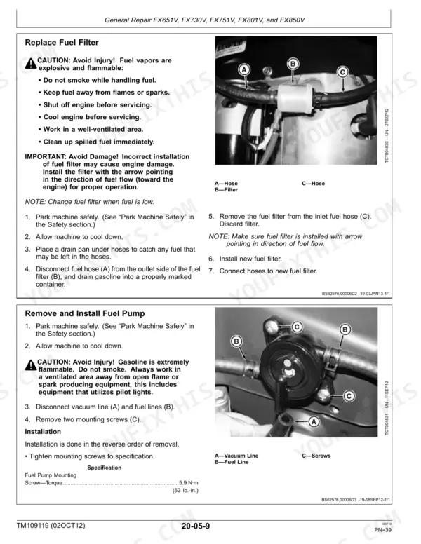 John Deere Z910A, Z920A, Z925A, Z925A EFI, Z930A, Z950A, Z960A, Z970A fuel filter replacement and fuel pump removal procedures.