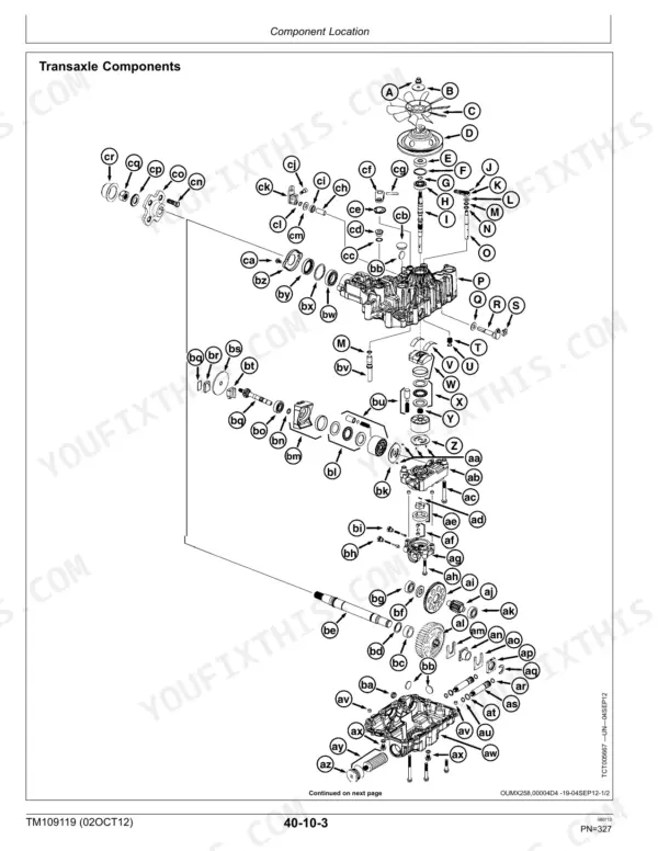 John Deere Z910A, Z920A, Z925A, Z925A EFI, Z930A, Z950A, Z960A, Z970A exploded view diagram of transaxle components.