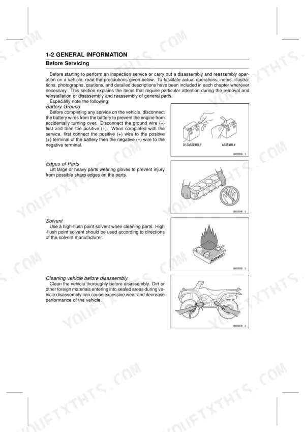 Kawasaki BRUTE FORCE 750 4x4i, KVF 750 4x4 general service precautions, battery, and cleaning safety procedures.