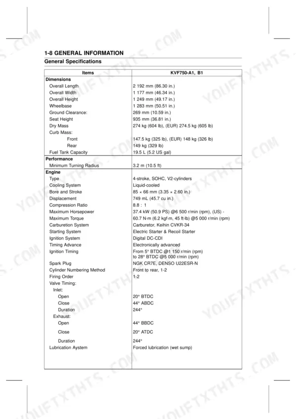 Kawasaki BRUTE FORCE 750 4x4i, KVF 750 4x4 general specifications table for dimensions, performance, and engine data.