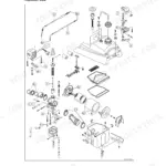 Kawasaki KLF250 fuel system exploded view showing carburetor, air cleaner, and fuel tank components.