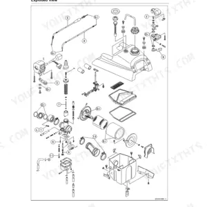 Kawasaki KLF250 fuel system exploded view showing carburetor, air cleaner, and fuel tank components.