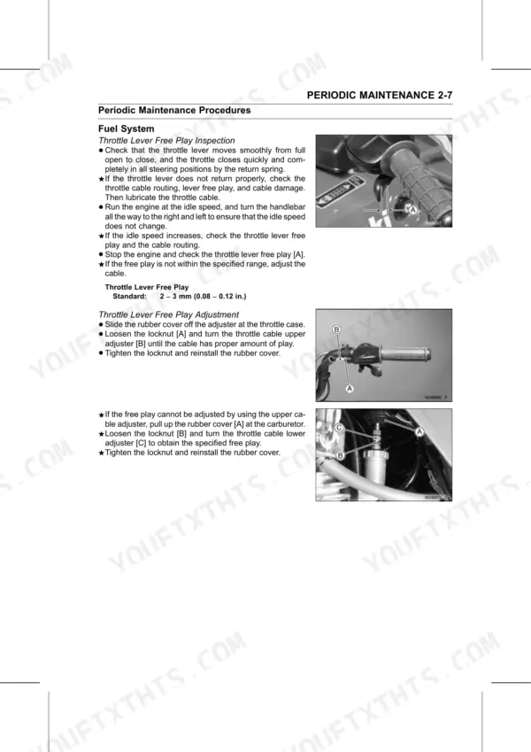 Kawasaki KLF250 throttle lever free play inspection and adjustment procedures with photos.