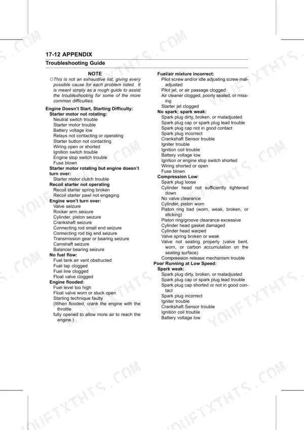 Kawasaki KLF250 engine troubleshooting guide for starting, fuel, and compression issues.