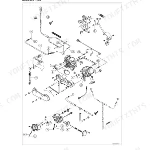 Kawasaki Teryx 750 4x4 fuel system exploded view diagram showing throttle bodies, cables, and linkage components.
