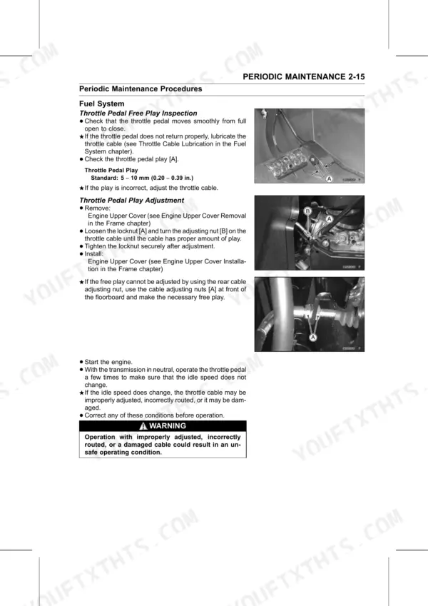 Kawasaki Teryx 750 4x4 throttle pedal free play inspection and adjustment procedures with component photos.