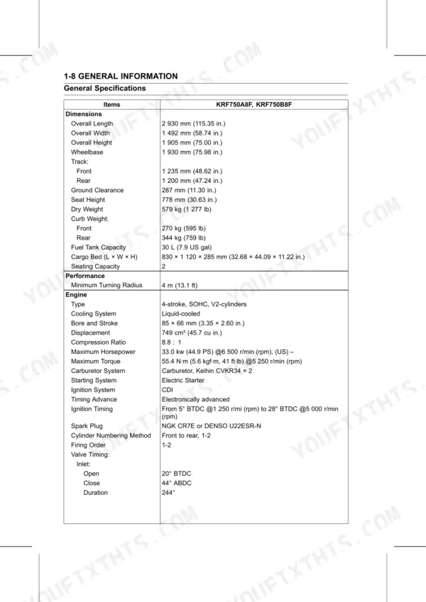 Kawasaki Teryx 750 4x4 KRF750A8F KRF750B8F general specifications table for dimensions, performance, and engine data.