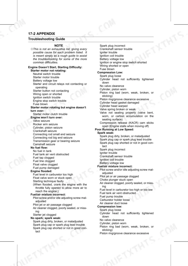 Kawasaki Teryx 750 4x4 troubleshooting guide for engine starting, fuel flow, and poor running issues.