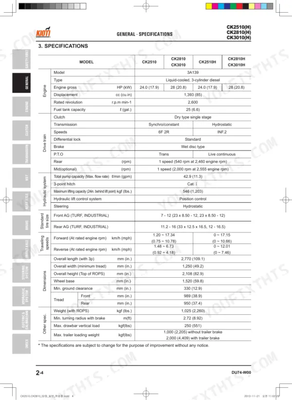 Kioti CK2510(H), CK2810(H), CK3010(H) general specifications table covering engine, drive train, and dimensions.
