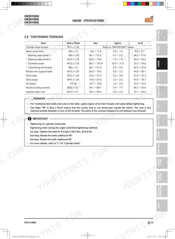 Kioti CK2510(H), CK2810(H), CK3010(H) engine tightening torque specifications table and cylinder head bolt procedure.