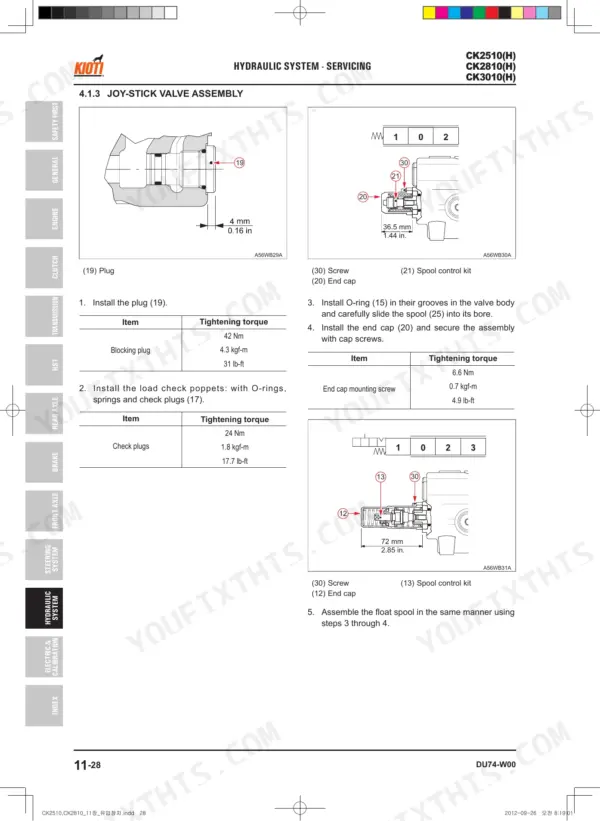 Kioti CK2510(H), CK2810(H), CK3010(H) joystick valve assembly diagrams, torque specs, and installation procedures.