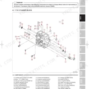Kioti CS2410, CS2610 engine exploded view diagram showing cylinder block components and parts list.