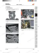 kioti-cs2410-cs2610-tractor-workshop-manual-procedures-65-2.webp Kioti CS2410, CS2610 engine removal procedure showing battery, coolant, oil, fuel, and transmission fluid drain locations.