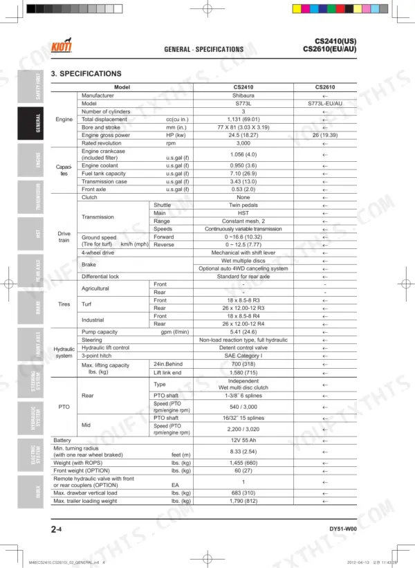 Kioti CS2410, CS2610 general specifications table including engine, drivetrain, hydraulic, and PTO data.