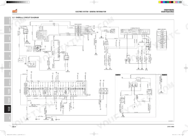 Kioti CS2410, CS2610 overall electric system circuit diagram showing main fuse box, starter, and lighting connections.