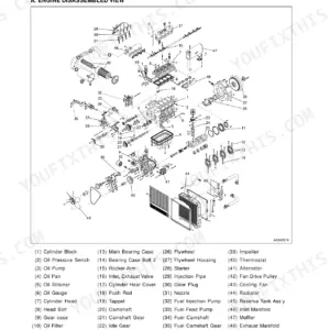 Kioti DK35-EU, DK40-EU, DK450L-EU engine exploded view diagram with numbered component parts list.
