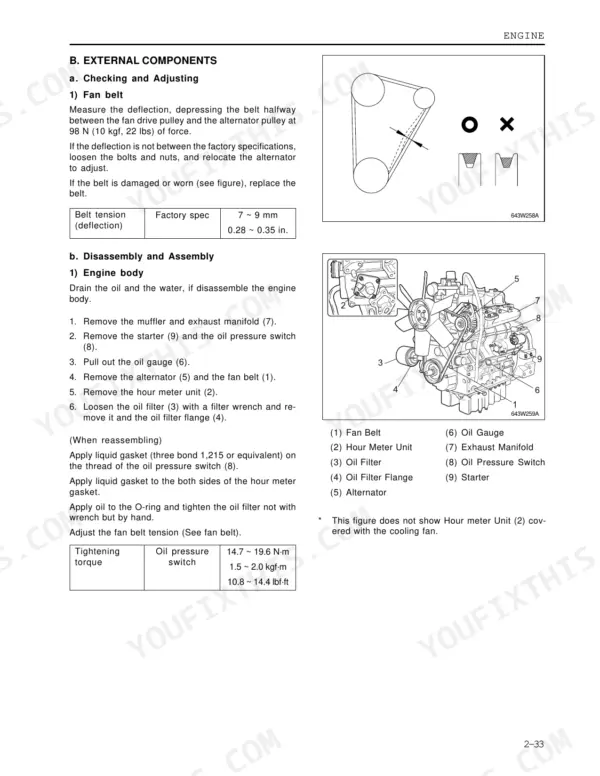 Kioti DK35-EU, DK40-EU, DK450L-EU engine fan belt adjustment, disassembly, and oil pressure switch torque specs.