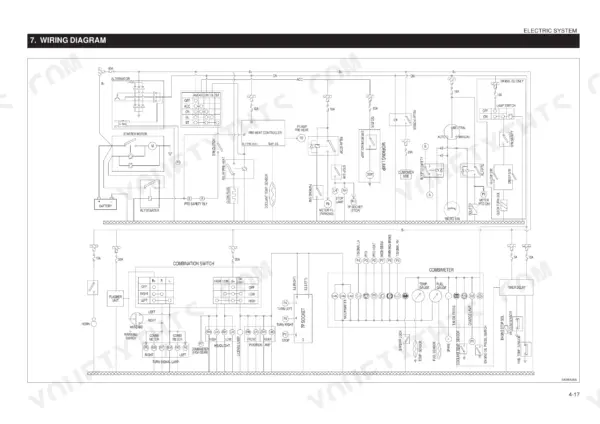 Kioti DK35-EU, DK40-EU, DK450L-EU wiring diagram showing electrical system, starter, alternator, and combination switch.