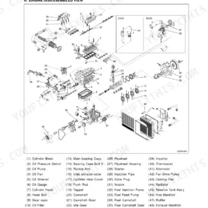 Kioti DK45, DK50 engine exploded view diagram showing cylinder block, crankshaft, pistons, and cooling components.