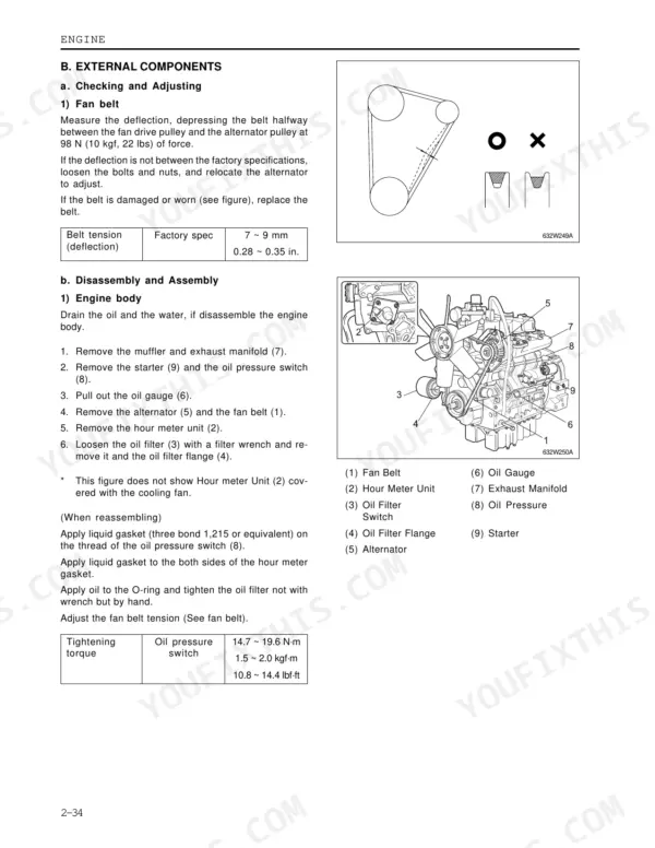 Kioti DK45, DK50 engine fan belt adjustment procedure, engine body disassembly steps, and oil pressure switch torque specs.