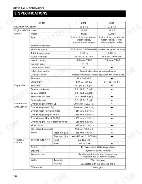 Kioti DK45, DK50 technical specifications table including engine, capacities, dimensions, and traveling system data.
