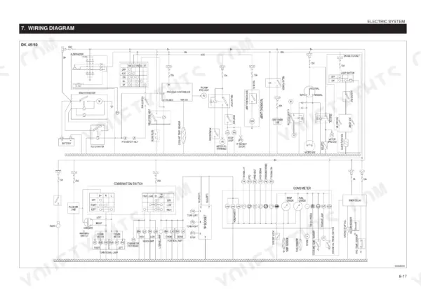 Kioti DK45, DK50 electric system wiring diagram showing battery, alternator, combination switch, and combimeter circuits.