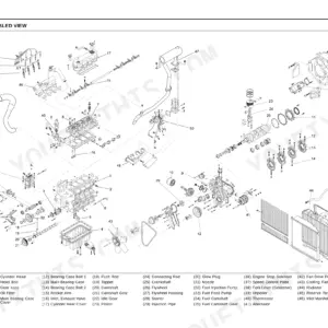 Kioti DK50S, DK55, DK501, DK551 engine exploded view diagram showing cylinder block, crankshaft, and components.