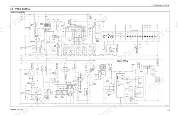Kioti DK50S, DK55, DK501, DK551 electrical system wiring diagram including cabin components and relays.