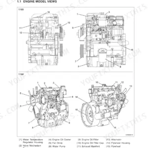 Kioti DK651, DK751, DK801, DK901 engine model views showing component diagrams and numbered parts list.