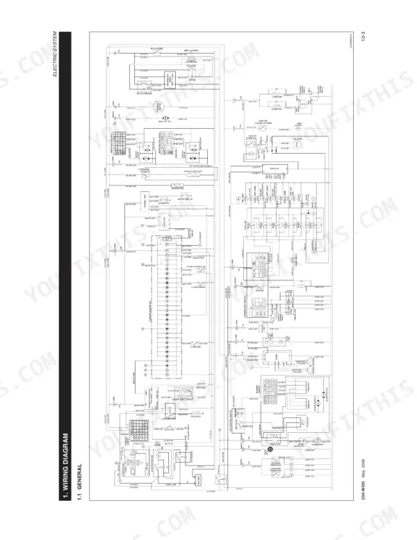 Kioti DK651, DK751, DK801, DK901 electrical system wiring diagram showing battery, starter, and lighting circuits.